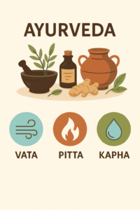Representación visual de los tres doshas en Ayurveda: Vata, Pitta y Kapha, cada uno con sus características únicas que influyen en el equilibrio y bienestar integral.